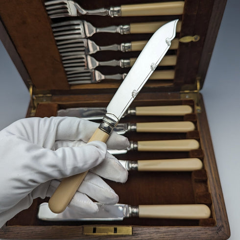 British Vintage Resin Handle Fish Cutlery 6 Pair Set in Wooden Box Cooper Brothers